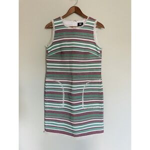 W By Worth Red, Green, White, Navy Fringe  Sheath Dress. Size 2. Holiday. Luxury
